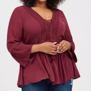 TORRID Babydoll Gauze Crochet Trim Lace-Up Top NWT